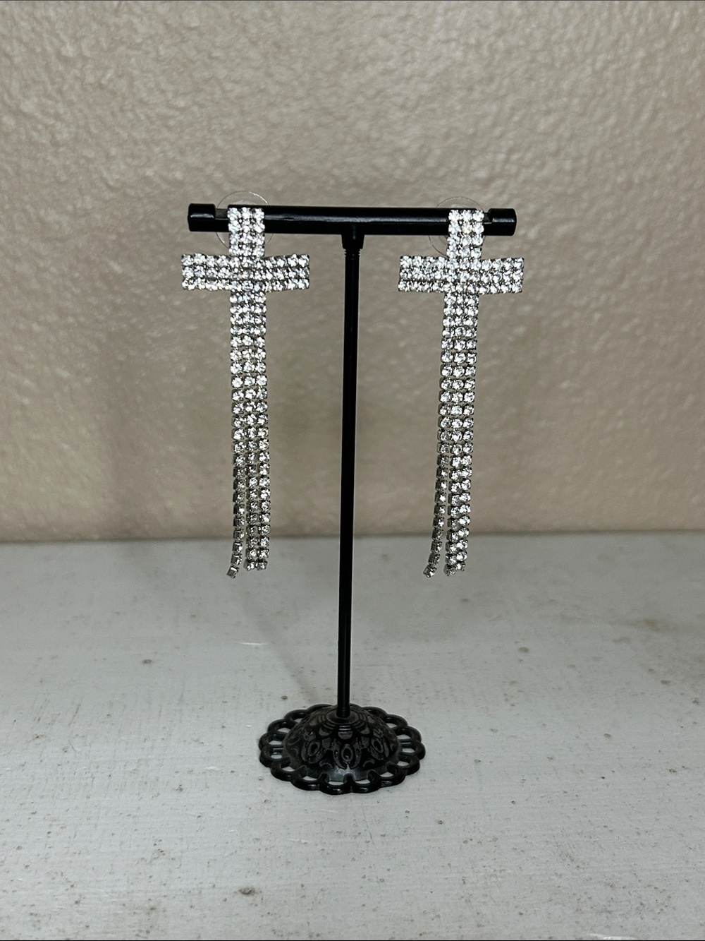 CROSS Rhinestone Dangle Earrings - Silver Sparkle - Picture 2 of 3